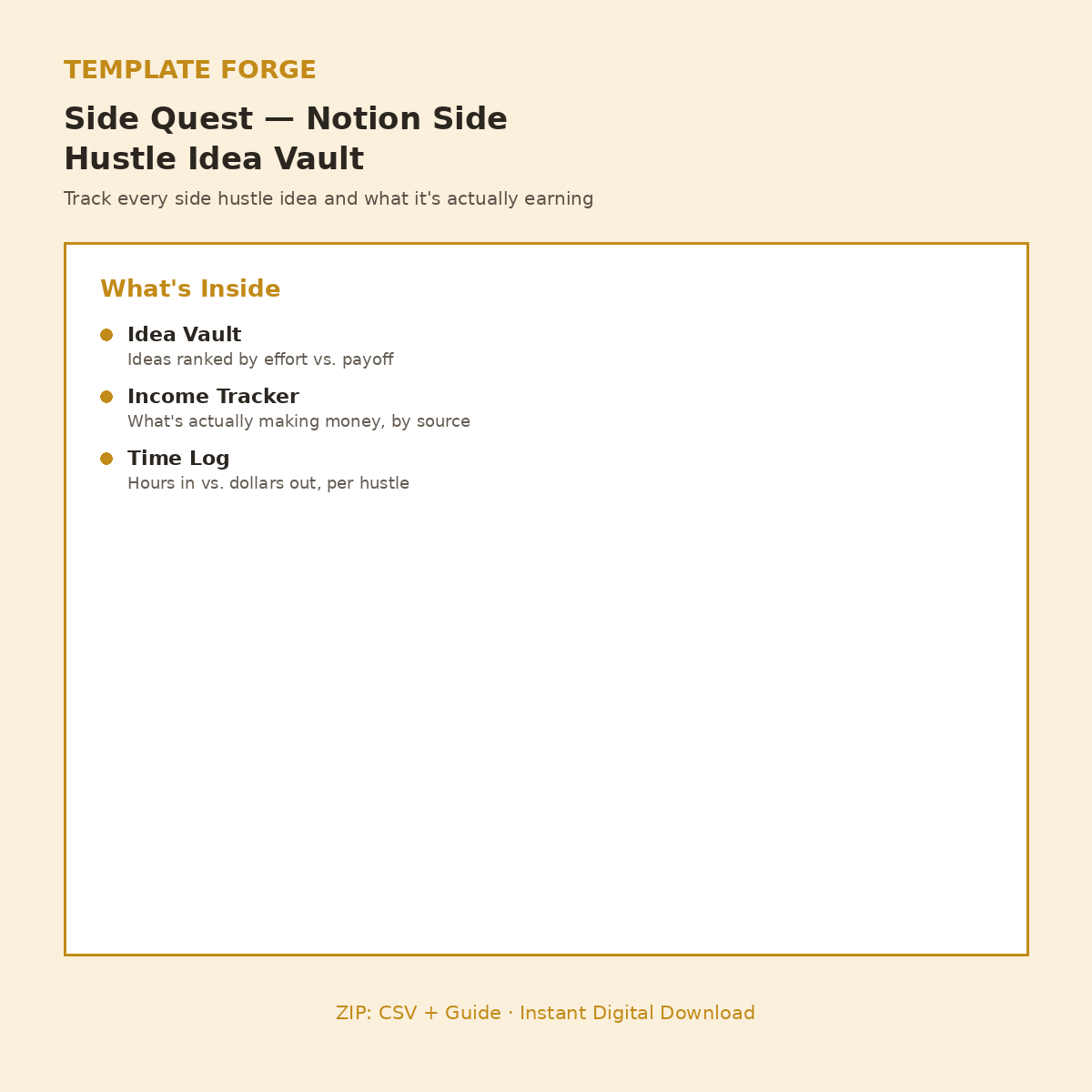 Side Quest — Notion Side Hustle Idea Vault & Income Tracker