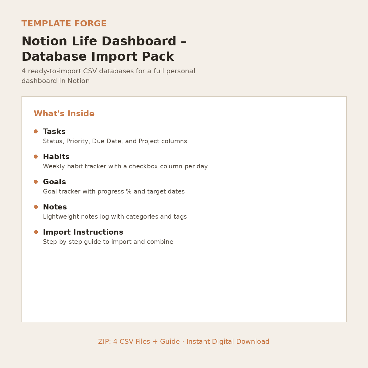 Notion Life Dashboard – Database Import Pack